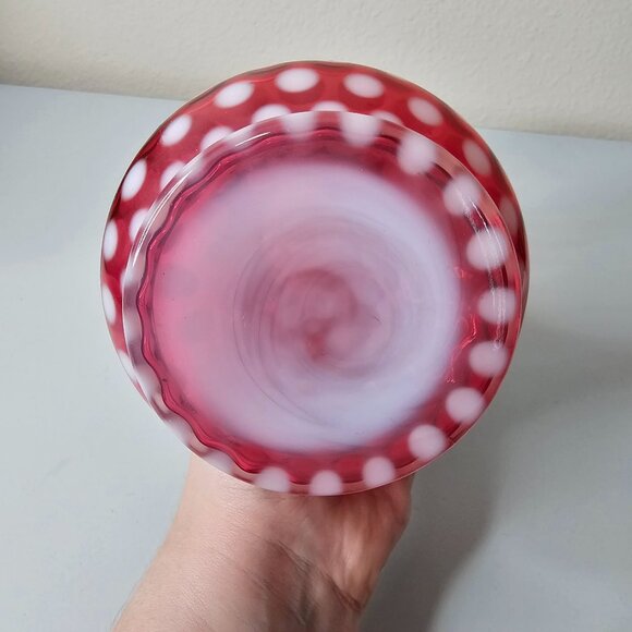 Fenton Glass Jack In The Pulpit Tulip Vase Cranberry White Polka Dot Ruffle 9" - Picture 8 of 8